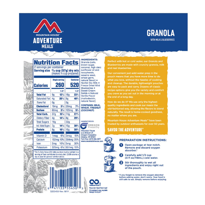 Mountain House- Granola with Milk & Blueberries Nutrition Facts
