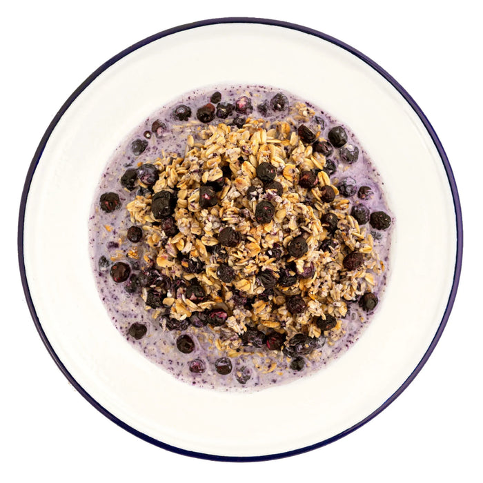 Mountain House- Granola with Milk & Blueberries on a bowl