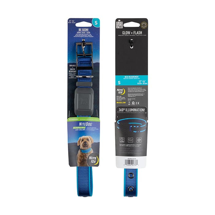 Nite-Ize Rechargeable LED Dog Collar package, the color is an ocean blue colour.