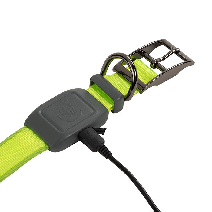 Micro usb charge port of the Nite-Ize Rechargeable LED Dog Collar. The collar is a lime green colour with the buckle and loop in gun metal grey.