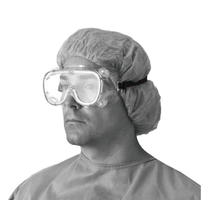 Fluid Protective Goggles on a man wearing a hair net and hospital gown.
