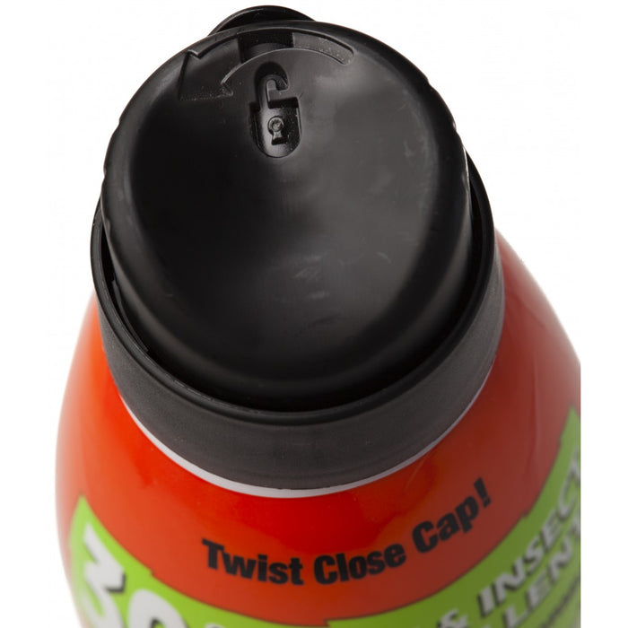 Top down view of the Bug Spray canister with locking symbol and directional symbol.