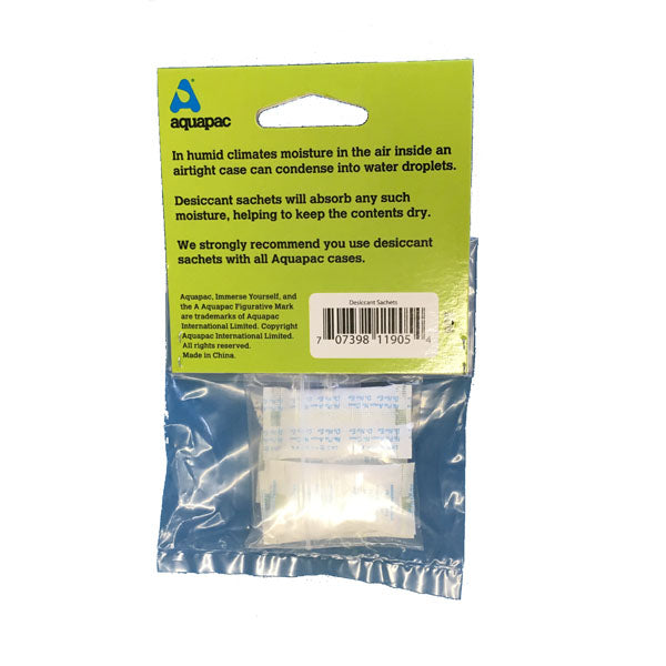 Back of the Desiccant Packet (Aquapac) 5 Pack with description 'In humid climates moisture in the air inside an airtight case can condense into water droplets'.