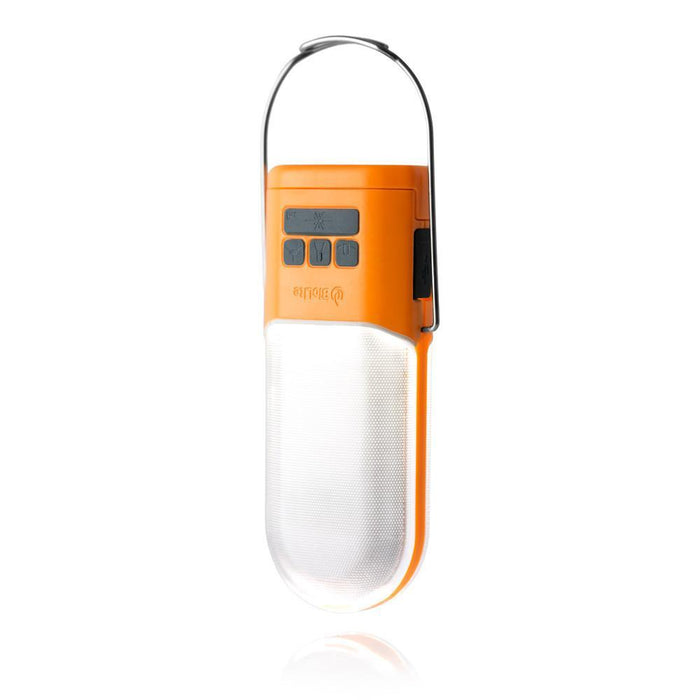 The Biolite PowerLight 250 Lumen Lantern & USB Power Hub is shown upside down with the attached hanger up right, on the front the power, lamp mode, and brightness level buttons are seen.