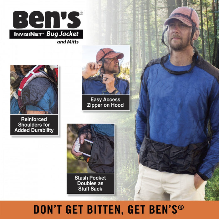 Advertisement of Ben's Invisinet Bug Jacket and Mitts with descriptive images of the 'Reinforced shoulders for added durability' 'Easy Access Zipper on Hood' and 'Stash Pocket Doubles as Stuff Sack.'
