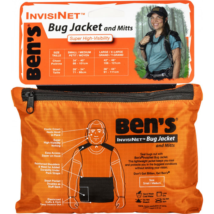 Front view of the zippered bag of Ben's® InvisiNet Bug Jacket & Mitts with descriptions: 'Bug Jacket and MItts' 'Invisinet' 'Ben's.'