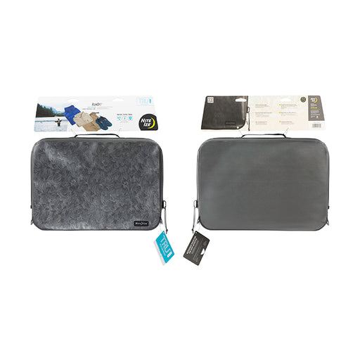 Nite-ize fully waterproof packing cubes in grey and a feather design. Both packing cubes have top handles, on a white background.