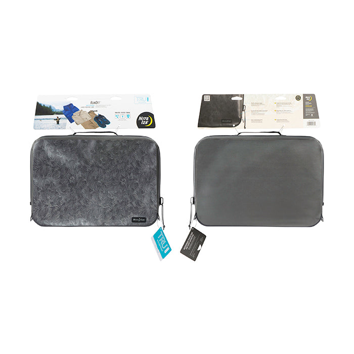 Nite-ize fully waterproof packing cubes in grey and a feather design. Both packing cubes have top handles, on a white background.