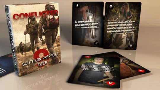 Conflicted Deck 9: Southern Prepper 1 playing card deck with 4 card examples on a reflective table. A large chrome pistol is shown in a persons hand on the Jack of clovers playing card.