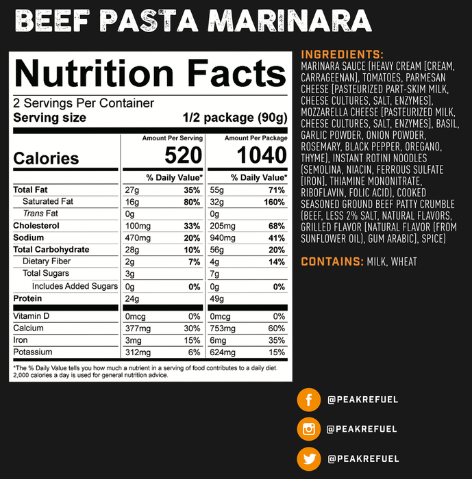 Peak Refuel Beef Pasta Marinara Nutrition Facts