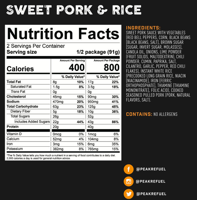 Peak Refuel Sweet Pork and Rice Nutrition Facts