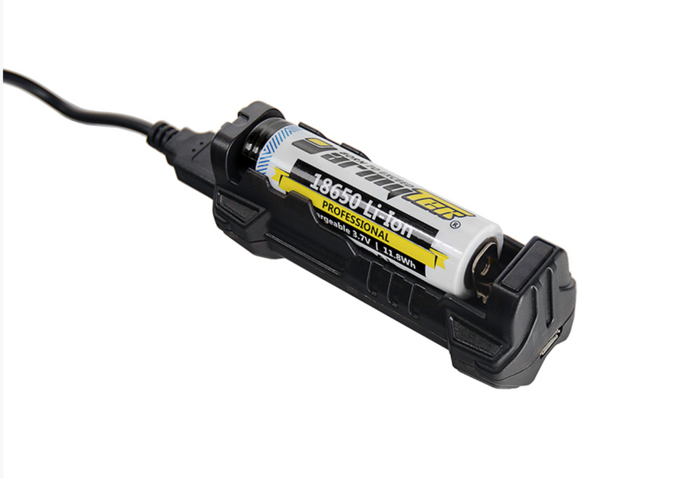 Armytek C1 Pro portable single battery charger with usb cable attached. The Li-Ion battery being charged is white with a black tip.