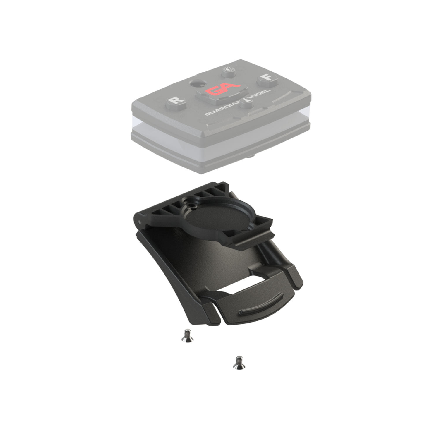 A Guardian Angel Elite Series Safety Light being clipped to a Epaulet clip and angel strap.