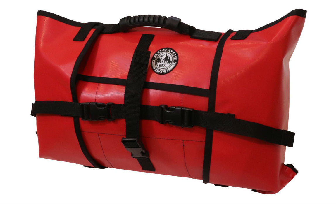 Non-modular PackRoll Bug out roll in First Aid red. The handles, clips and straps are all in black.