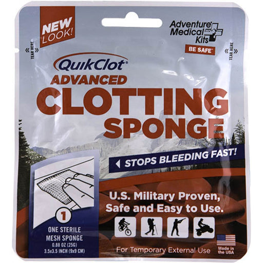 QuikClot Advanced Clotting Sponge 'stops bleeding fast' 'U.S military proven, safe and easy to use'. Graphics of a cyclist, hiker, soldier, and person on an atv are shown.