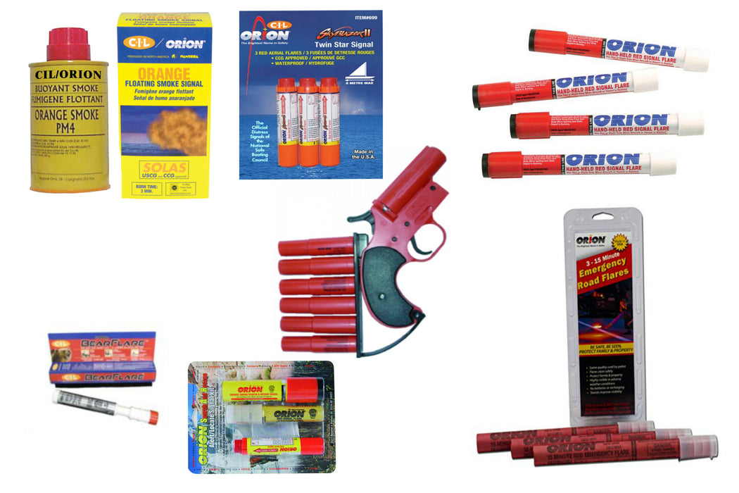 Laid out on a white background is a bouyant floating smoke signal canister, 4 Orion handheld flares side by side, a red flare gun, and an emergency road flares pack in the bottom right corner.