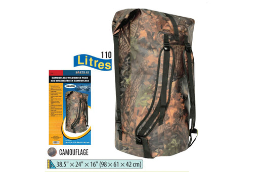 The Wildwater Waterproof Backpack 110 Liters bag in woods camouflage beside the product box wih the logo 'North 49' printed in the top right. The dimensions are listed: 38.5" x 24" x 16" (98 x 61 x 42 cm).