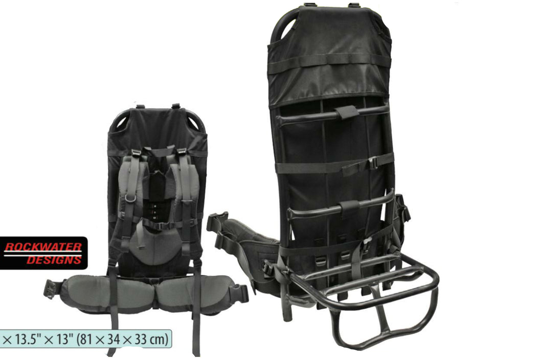 Hauler Hiking Pack Frame by Rockwater Designs in black. The pack frame has a seat for your bag or gear and a bottom compartment for a sleeping bag. The inside is padded and so are the shoulder pads.