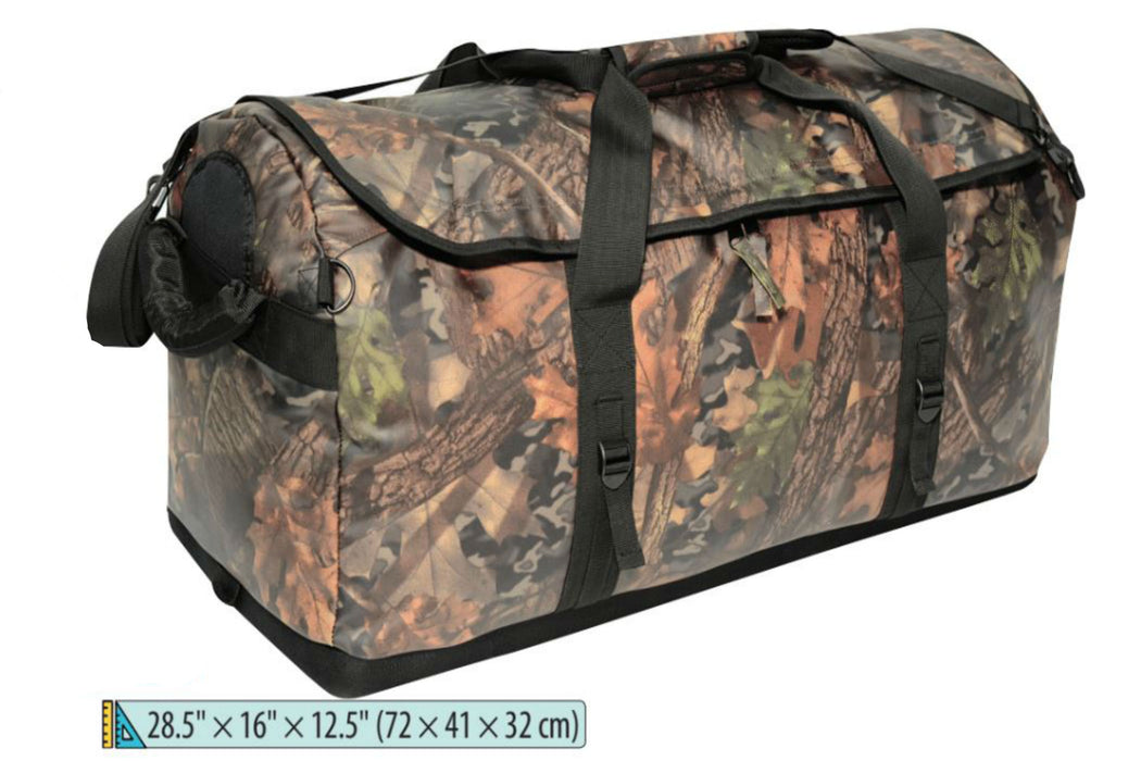 Side view of the Camouflage Marine Duffle bag in Forest Camo. The heavy duty side strap is shown on the left and the top straps are brought together using a velcro wrap.