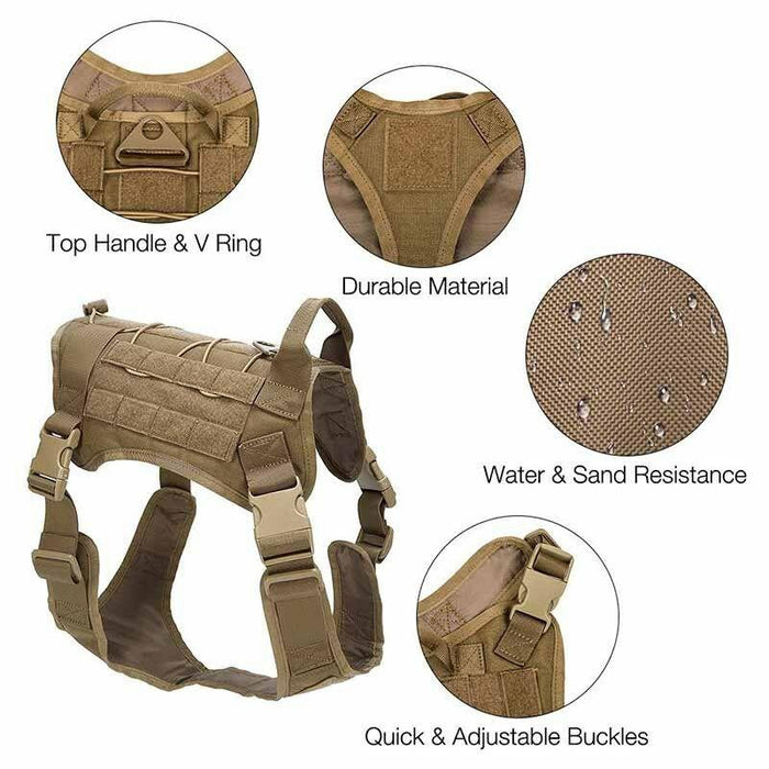 The water and sand resistant material of the MilSpex K-9 tactical dog vest in olive colour on a white background. Water is shown trickling down the material.