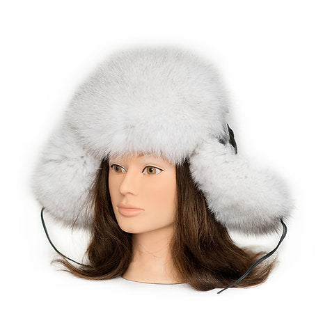 Blue Fox Fur Hat - Leather Top