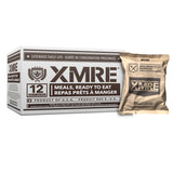 Box of XMRE Meals ready to eat next to a MRE pouch