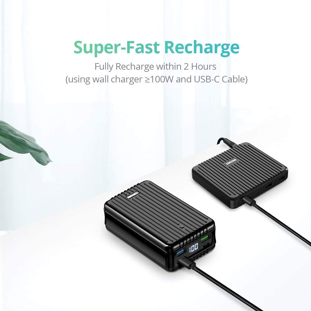 Zendure SuperTank  26,800 mAh Portable Power connected to a wall charger