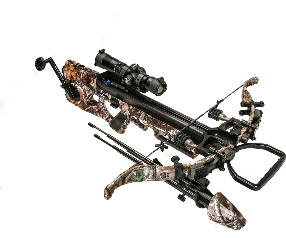 side view of the assassin 420 td with silent crank, quick loc technology, re-curve bow and tact-100 illuminated scope in forest camo