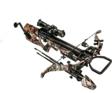 side view of the assassin 420 td with silent crank, quick loc technology, re-curve bow and tact-100 illuminated scope in forest camo