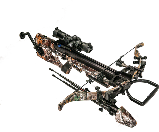 side view of the assassin 420 td with silent crank, quick loc technology, re-curve bow and tact-100 illuminated scope in forest camo