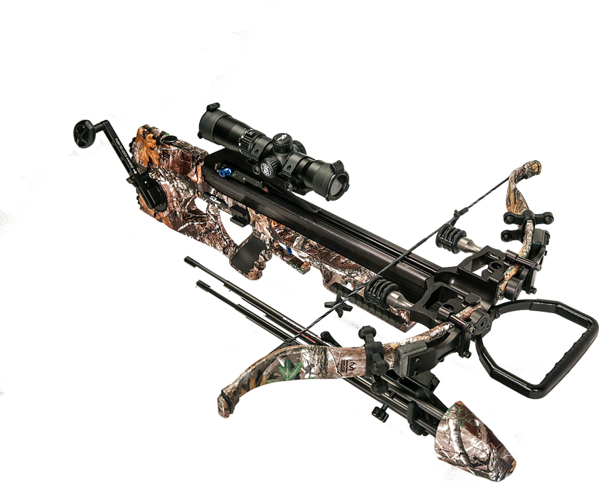 side view of the assassin 420 td with silent crank, quick loc technology, re-curve bow and tact-100 illuminated scope in forest camo