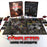Conflicted: Survive the Apocalypse Board game unpacked with the playing cards and game pieces in view. The board game box sits in the background revealing both the front cover and back. The Conflicted logo is pasted on the bottom in Red and Black.