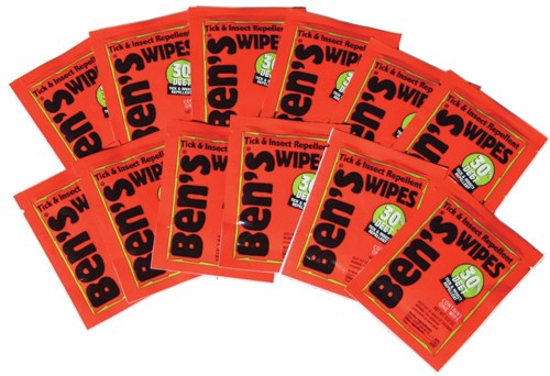 12 packages of Ben's® 30 Tick & Insect Repellent Wipes side by side with black bold lettering and orange coloured packets.