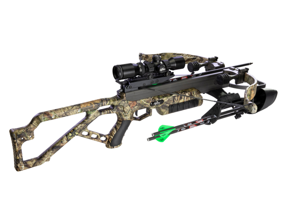 Micro AXE340 Buc Crossbow in a woodland camouflage, with two arrows in the quiver and the highend hunting scope in black. The recurve is designed with the woodland camouflage.