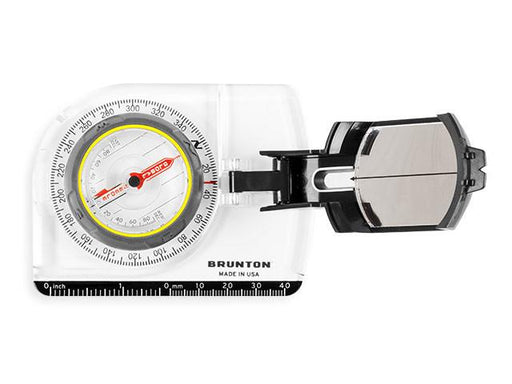 Top down view of the Brunton TruArc 7 Mirrored Sighting Compass, in Black and White with the reflective mirror, tool-less declination and inclinometer for measuring tree heights.