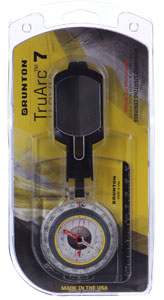 Product packaging of the Brunton TruArc 7 Mirrored Sighting Compass, on a yellow and purple background with the TruArc 7 logo title.
