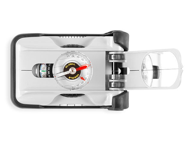 Top down view of the Brunton TruArc 20 witht he protective cover and reflective mirror showing. The luminous dial and degree indicator are show as well.