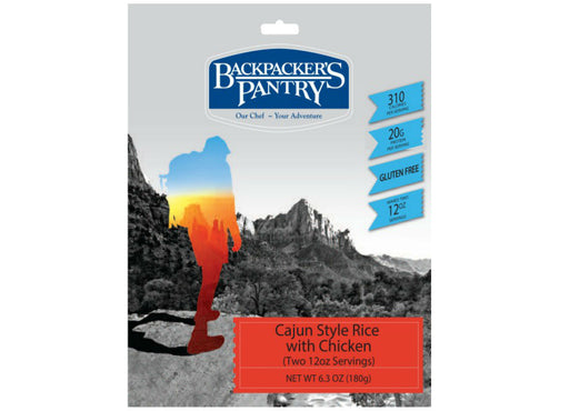 Backpackers Pantry - Cajun Style Rice and Chicken package front cover. Descriptions read '310 calories' '20 grams of protein' and 'gluten free.'  The cover also shows a hiker looking across the valley at a canyon face.