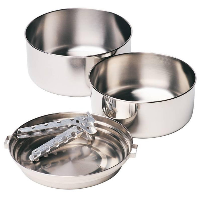 2 MSR Alpine stainless steel camping pots beside the pot lide and pot lifter on a white background. 