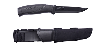 Black Morakniv tactical knife with sheath.