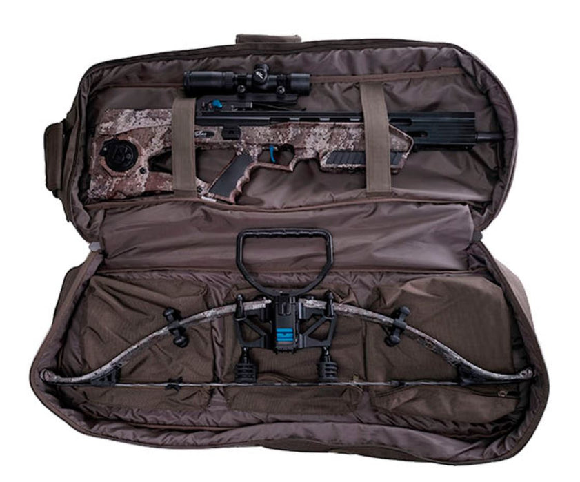Exaclibur crossbow bag depicting how to properly store a recurve crossbow in olive green and forrest camo 