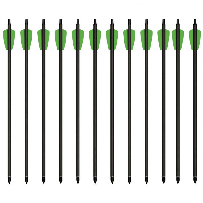 All 12 Cheap Shot 130 compatible Bolts in a row with green tips, a black arrow on a white background.