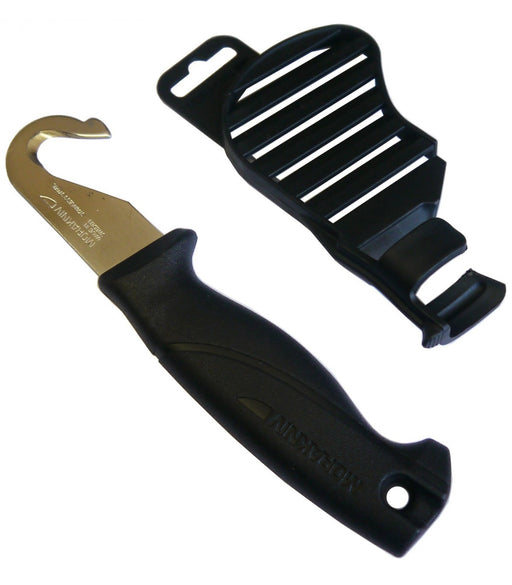 Morakniv Belly Opener Gut knife with rubber sheath. The blade handle is a black colour, the blade is stainless steel and the sheath is a black rubber stripped design.