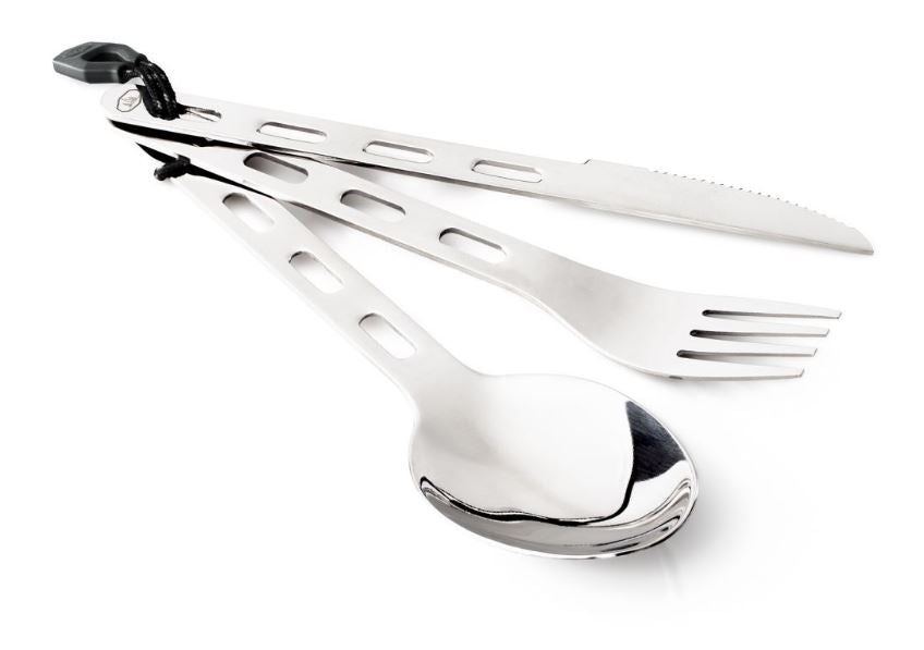 GSI Outdoors Stainless Steel 3 Piece Ring Cutlery Set attached by a lanyard.