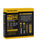 Nitecore D4 Charger Product box in yellow and black. The charger is shown with 4 different battery sizes being charged in the terminals.