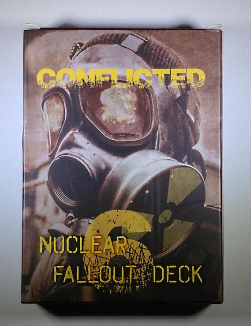 Conflicted Deck 6: Nuclear Fallout front cover of the playing card box. A person wearing a gas mask and nuclear hazard labeled filter is shown.