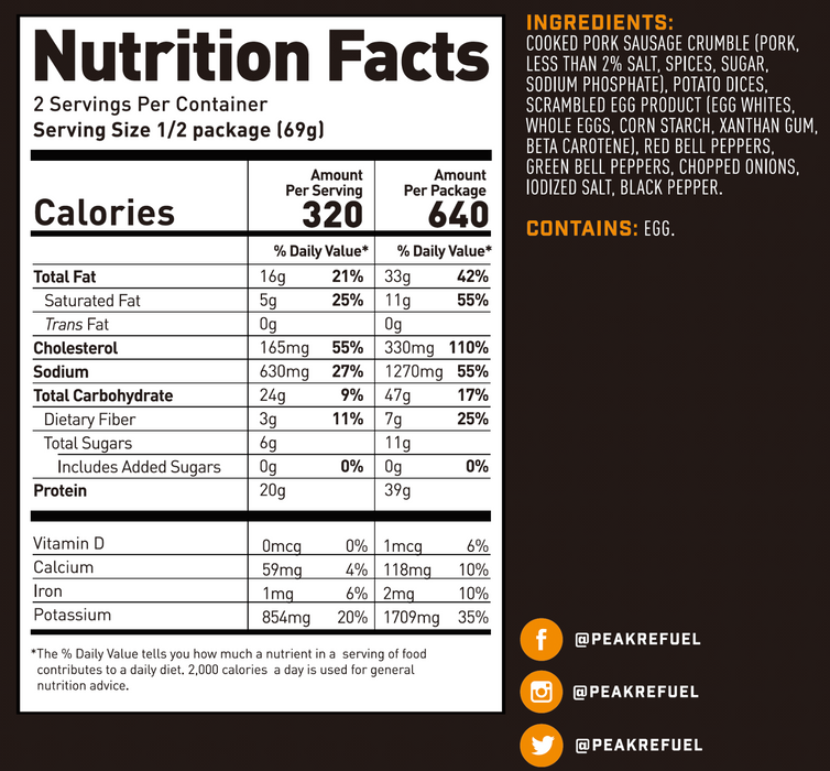 Peak Refuel- Breakfast Skillet  Pouch Nutrition Facts