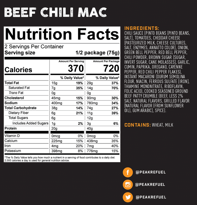 Peak Refuel Beef Chili Mac 40G Pouch Nutrition Facts