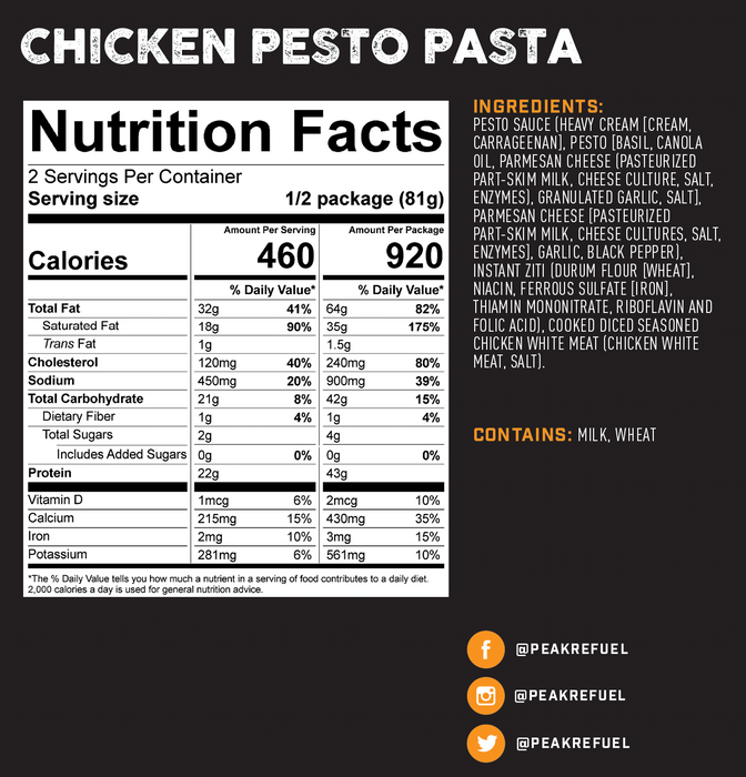 Peak Refuel Chicken Pesto Pasta Nutrition Facts