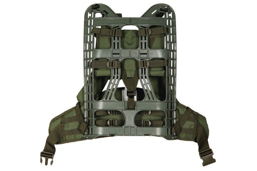 Mil-Spex M.O.L.L.E External Backpack frame with harness in a forest green color.